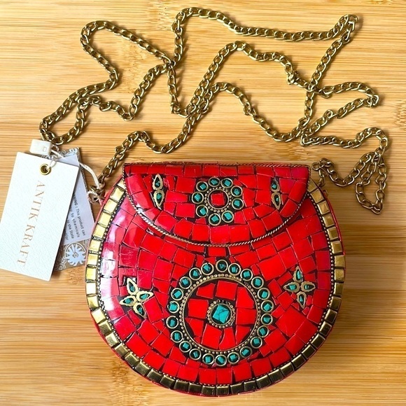 Antik Kraft Handbags - Brand New Antik Kraft Handcrafted India Small Metal Clutch Red Berry Chain Purse